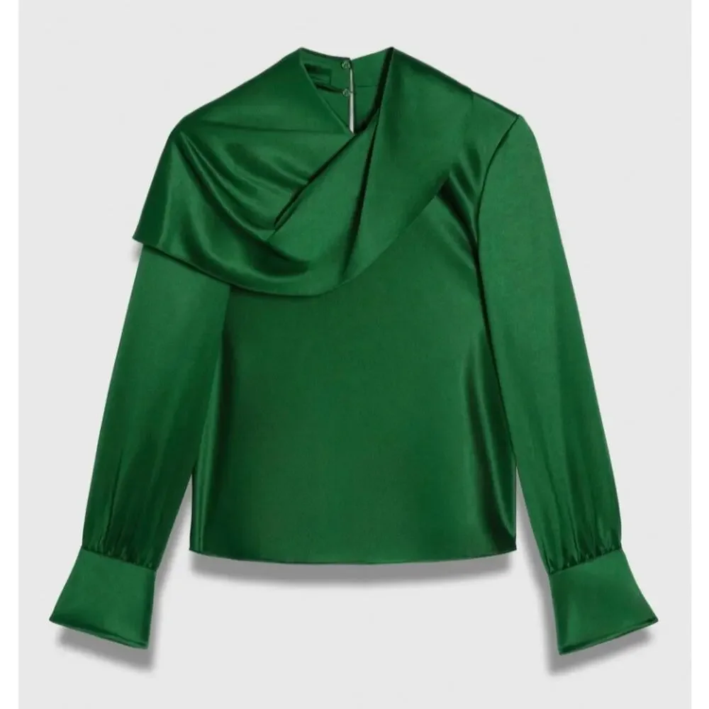 The Fold Ocana Satin Long Sleeve Blouse Deep Emerald Women's 14 New Elegant - Picture 4 of 13